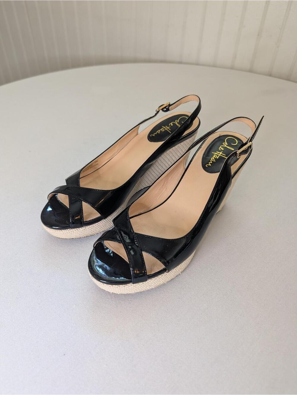 Cole Haan Black Patent Leather Wedge Sandals Size 6 - Picture 3 of 9